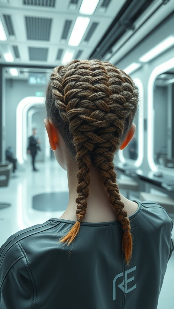 A close-up view of a person with knotless braids styled in a heart shape, featuring curls at the ends.