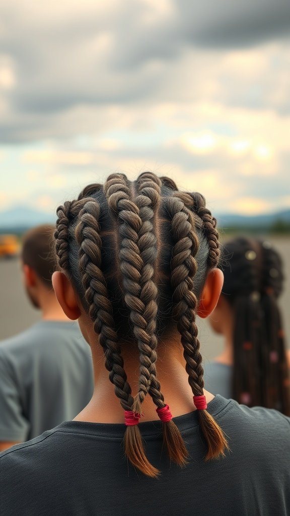 A close-up view of a person with knotless braids, showcasing neat sections and colorful hair ties.