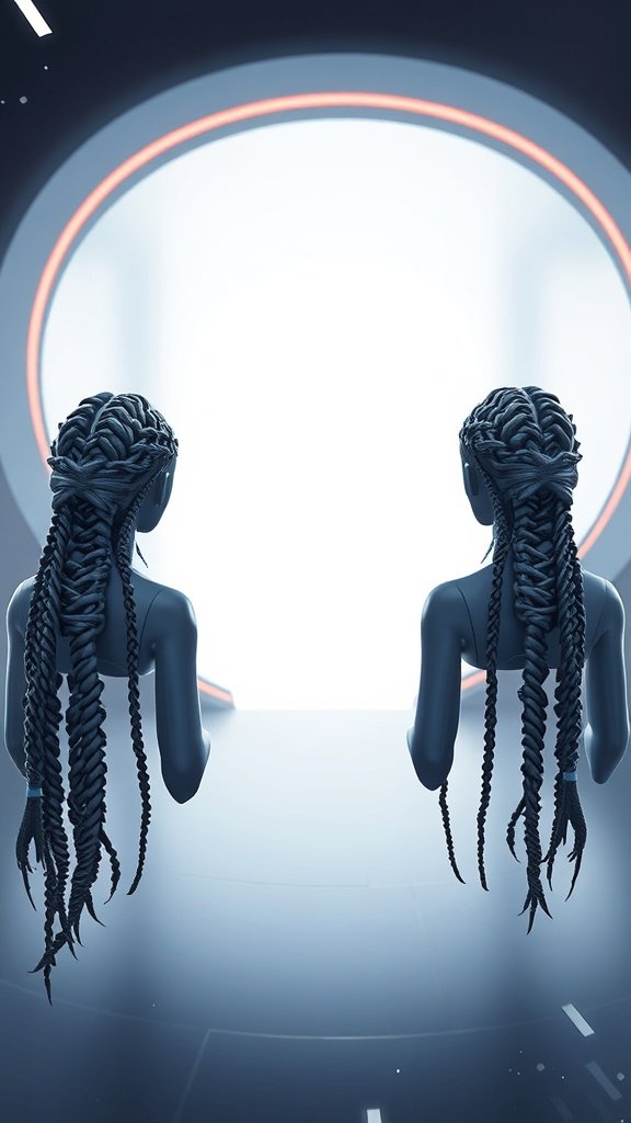 Two figures with honey blonde knotless braids, showcasing a modern hairstyle.