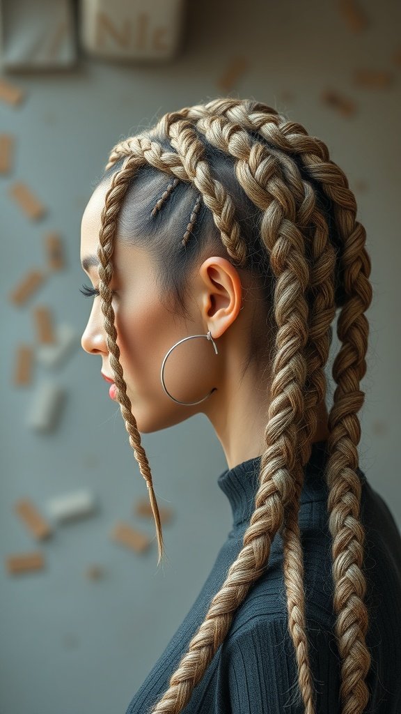 A woman with honey blonde knotless braids styled elegantly.