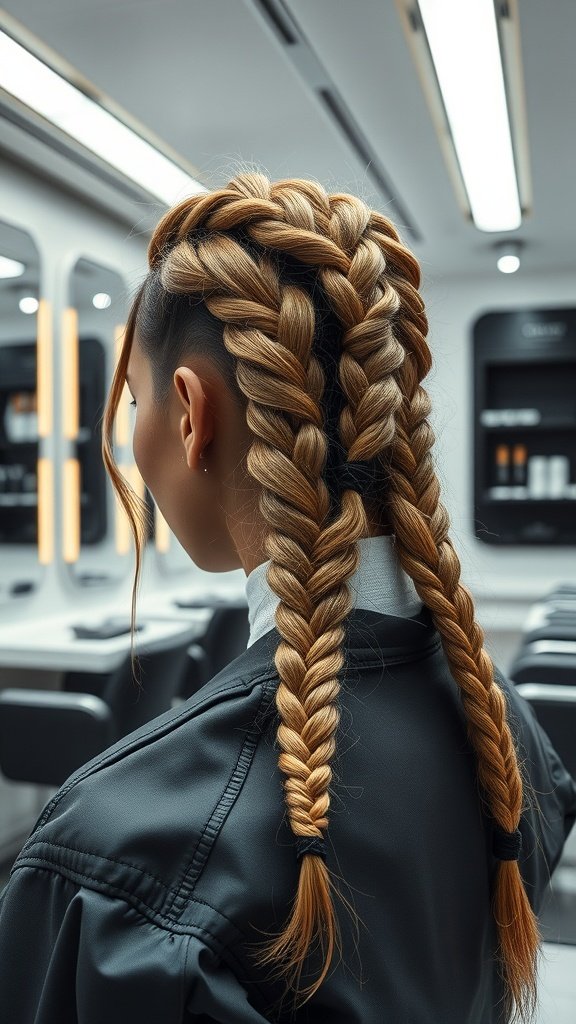 A woman with honey blonde knotless braids styled in a salon setting.