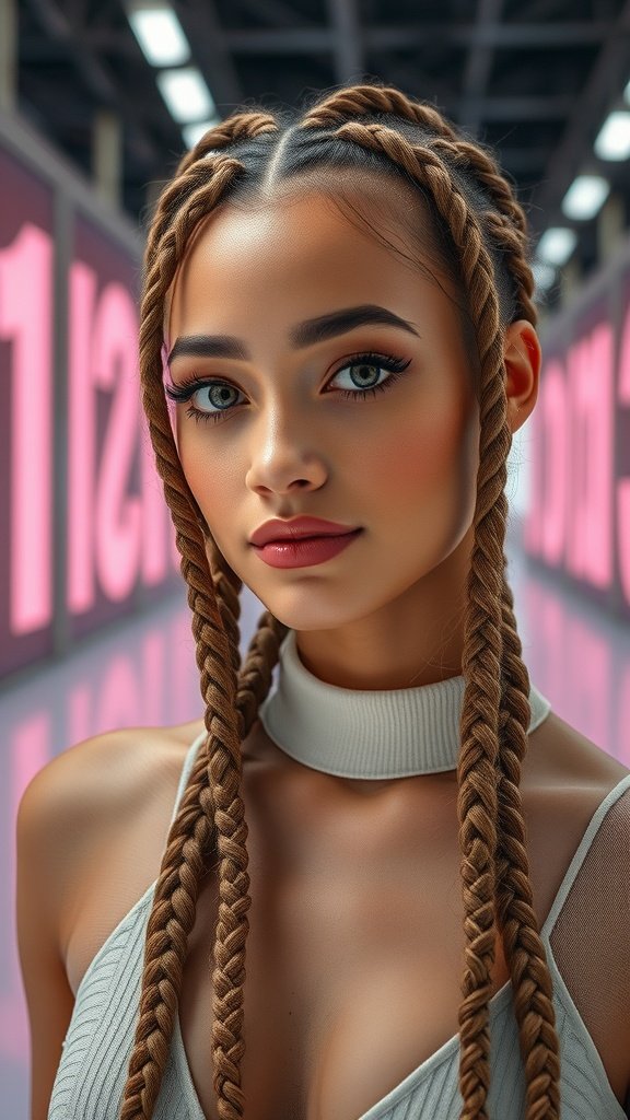 A close-up of a person with medium knotless braids, showcasing their beauty and style.