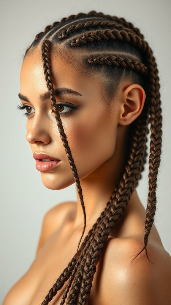 A close-up of a woman with large knotless braids, showcasing the smooth and polished look of the hairstyle.