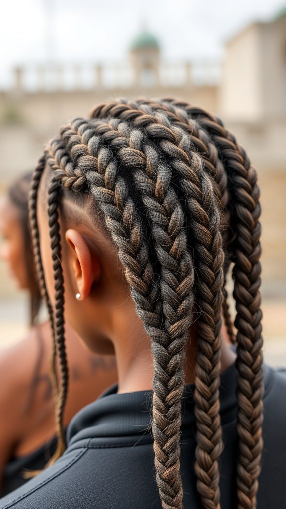A close-up of a person's back head showcasing intricate medium knotless boho goddess braids.