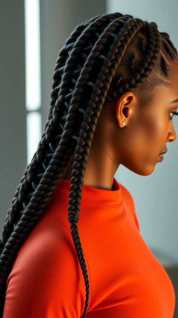 A woman with short boho knotless braids, showcasing a sleek hairstyle.