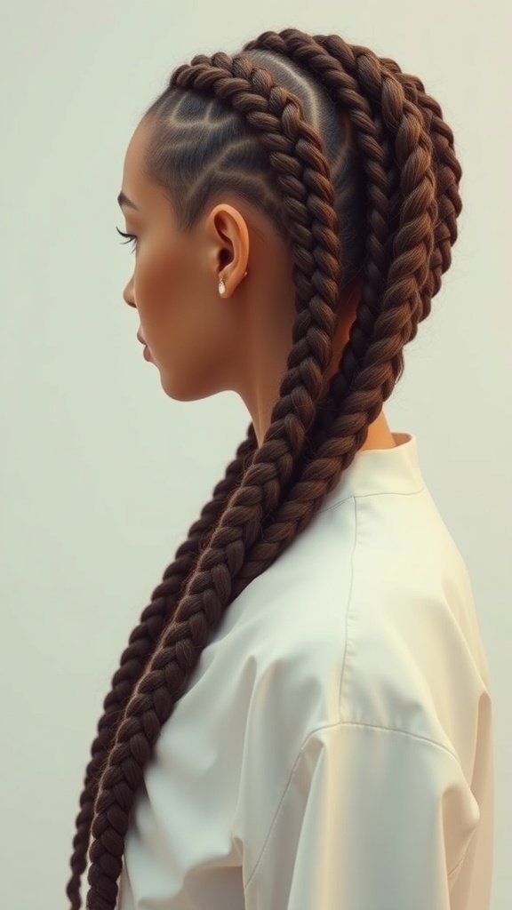 A woman with stylish short knotless braids featuring curly ends, showcasing a modern and trendy hairstyle.