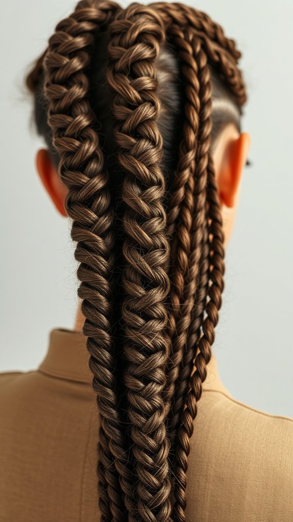 A close-up of a woman's back showing intricate knotless braids styled in a boho fashion.