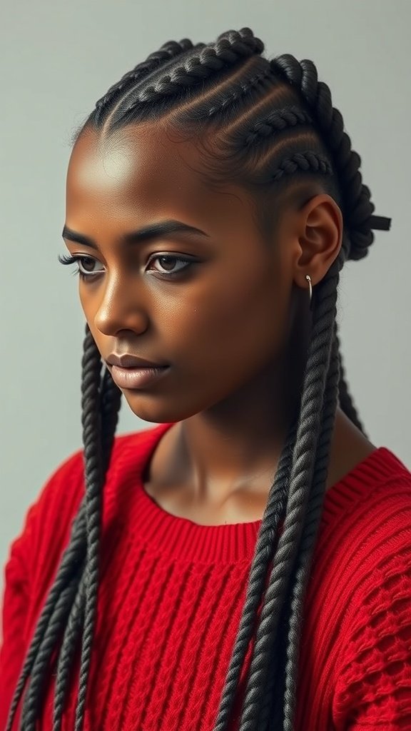 A young woman with large boho knotless braids, wearing a red sweater, showcasing a stylish and elegant hairstyle.