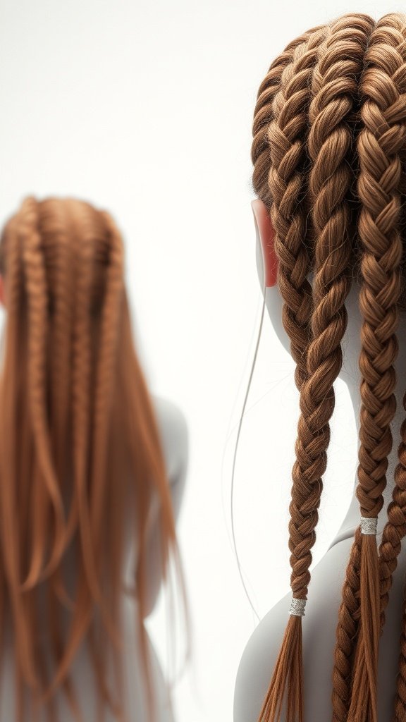 Honey brown knotless braids styled intricately
