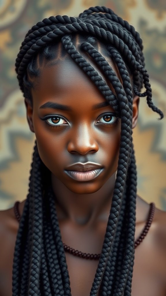 A close-up of a person with medium knotless box braids, showcasing the intricate style and natural beauty.
