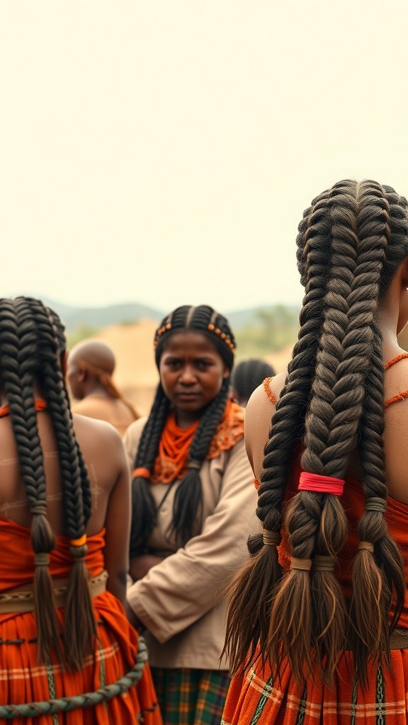 Tribal women with knotless braids, showcasing traditional hairstyles.