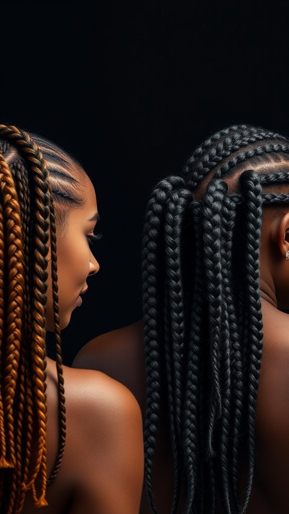 Two women showcasing large knotless braids in contrasting colors.