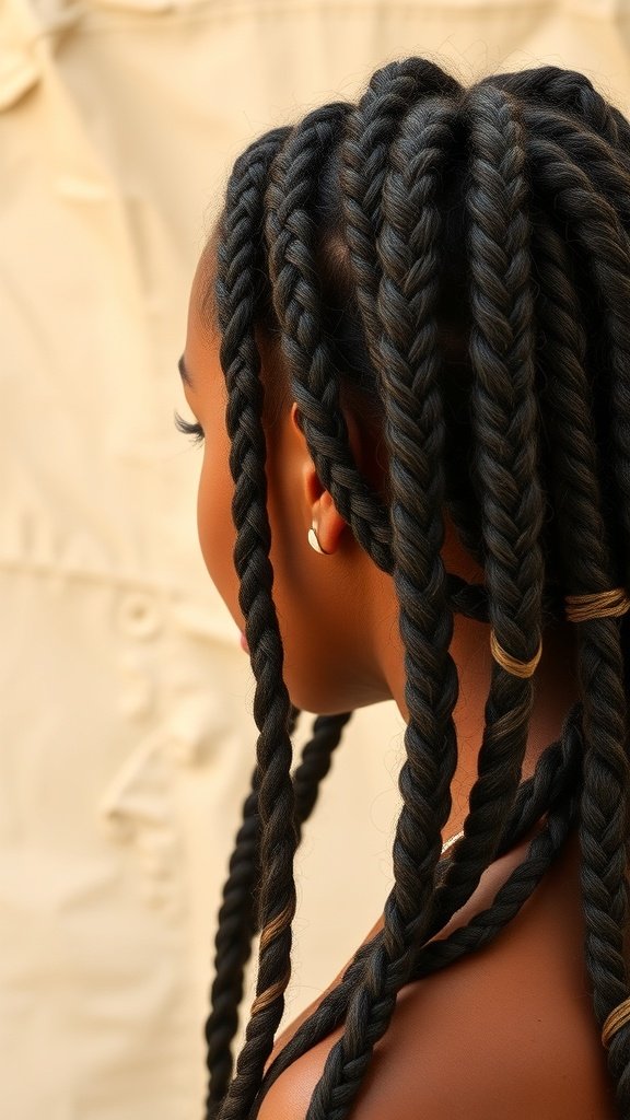 A close-up of a person with blonde boho knotless braids, showcasing the intricate styling and texture.