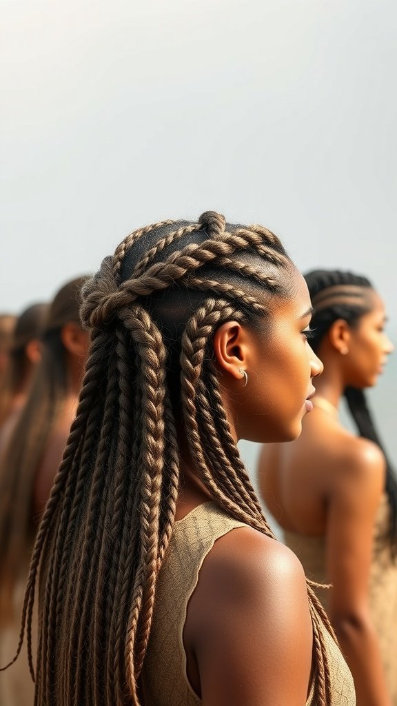 A close-up of a woman with ginger knotless braids, showcasing the intricate style and color.
