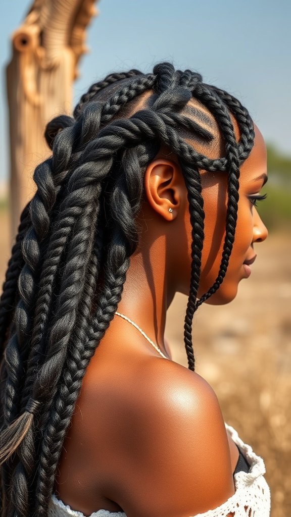 A woman with intricate knotless braids styled elegantly, showcasing the beauty of ginger hair.