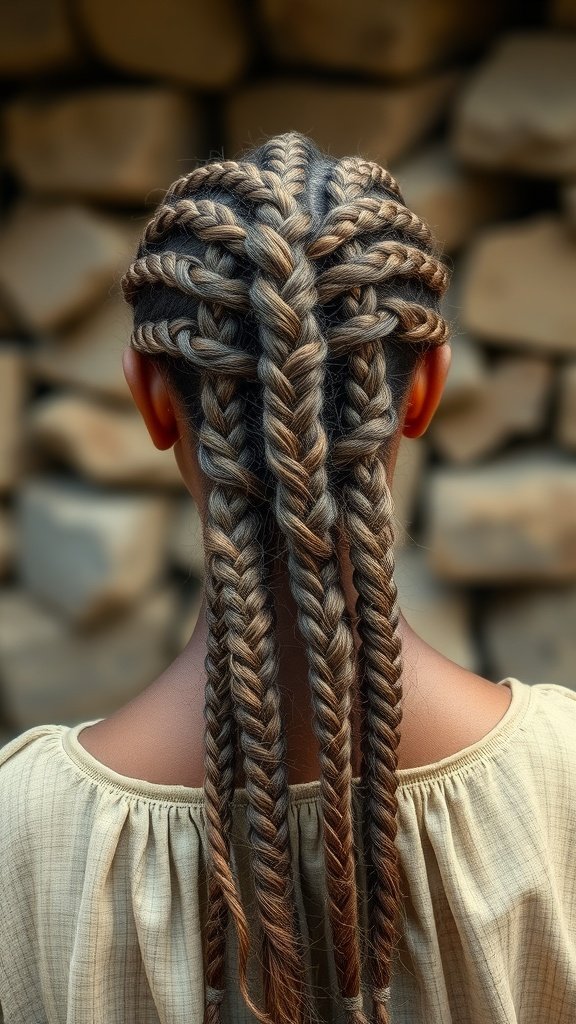 A close-up view of a person's back with intricate knotless braids styled elegantly.