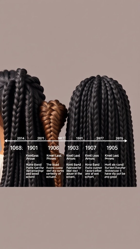 A timeline showcasing the history and evolution of knotless braids with various styles.