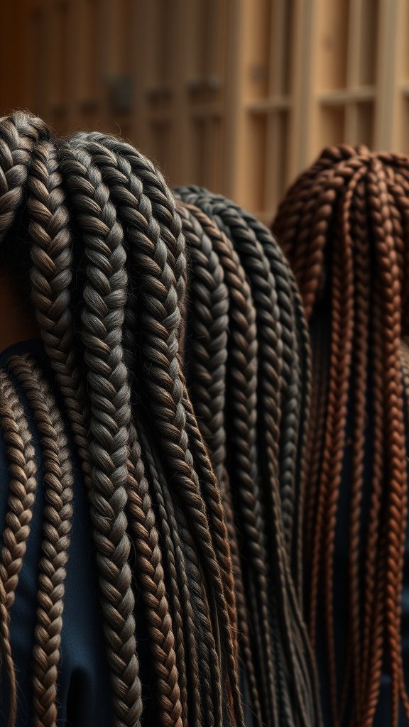 Image of medium boho knotless braids showcasing intricate patterns and rich colors.