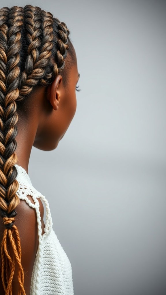 A close-up view of a woman with jumbo boho knotless braids, showcasing the intricate braiding technique and color blend.