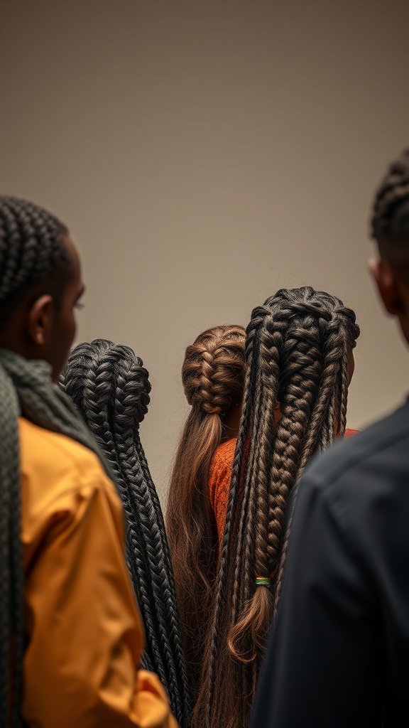 A group of people showcasing various styles of knotless braids from the back, highlighting the beauty and versatility of these hairstyles.