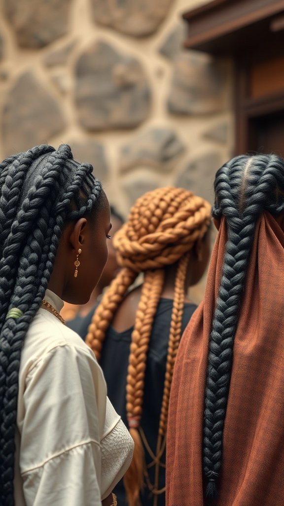 A group of women showcasing various styles of knotless braids, highlighting the beauty and versatility of this hairstyle.