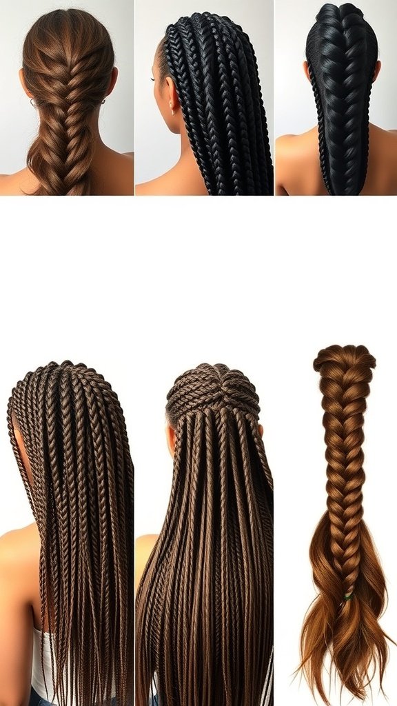 A collection of large knotless braids in various styles and lengths.