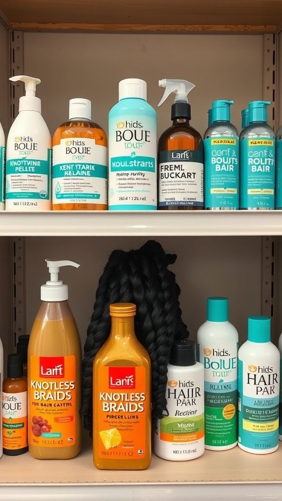 A shelf displaying various hair products for knotless braids, including conditioners, detanglers, and styling sprays.