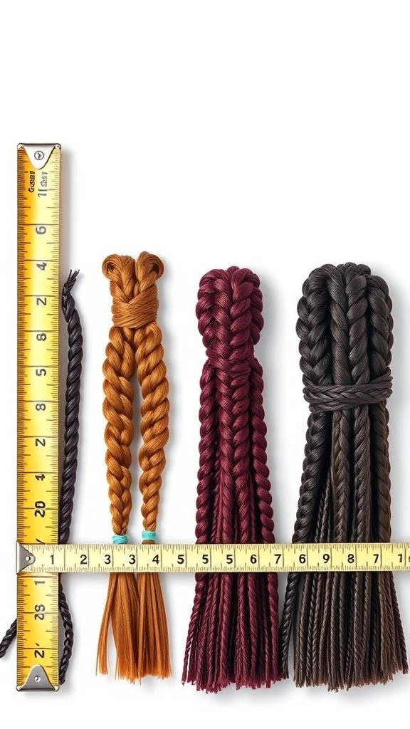 Different lengths of braiding hair displayed with a measuring tape