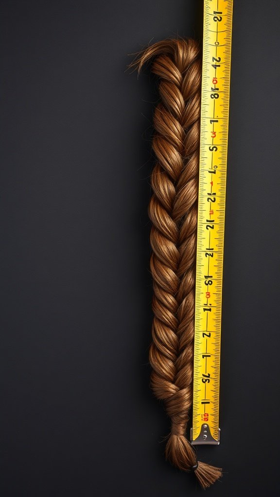 A braided section of hair next to a measuring tape, showcasing the length of the braid.