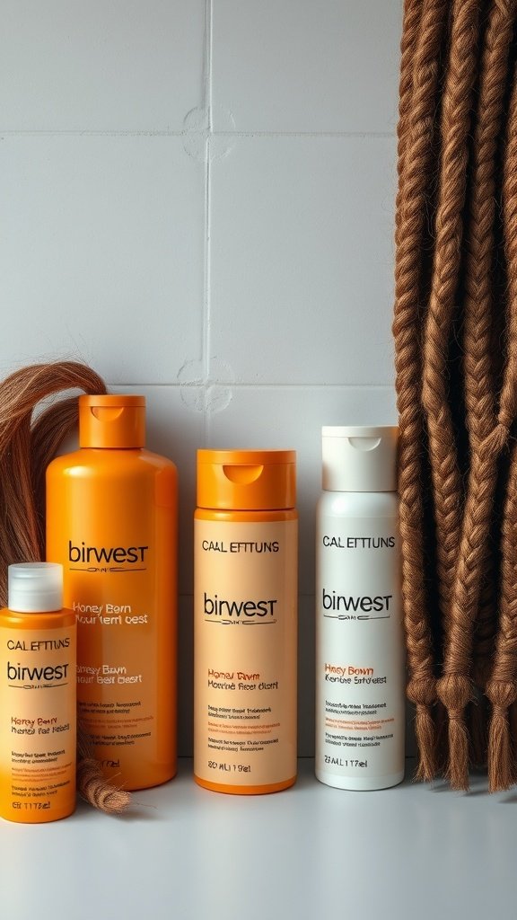 Hair care products for honey brown knotless braids displayed next to braided hair.
