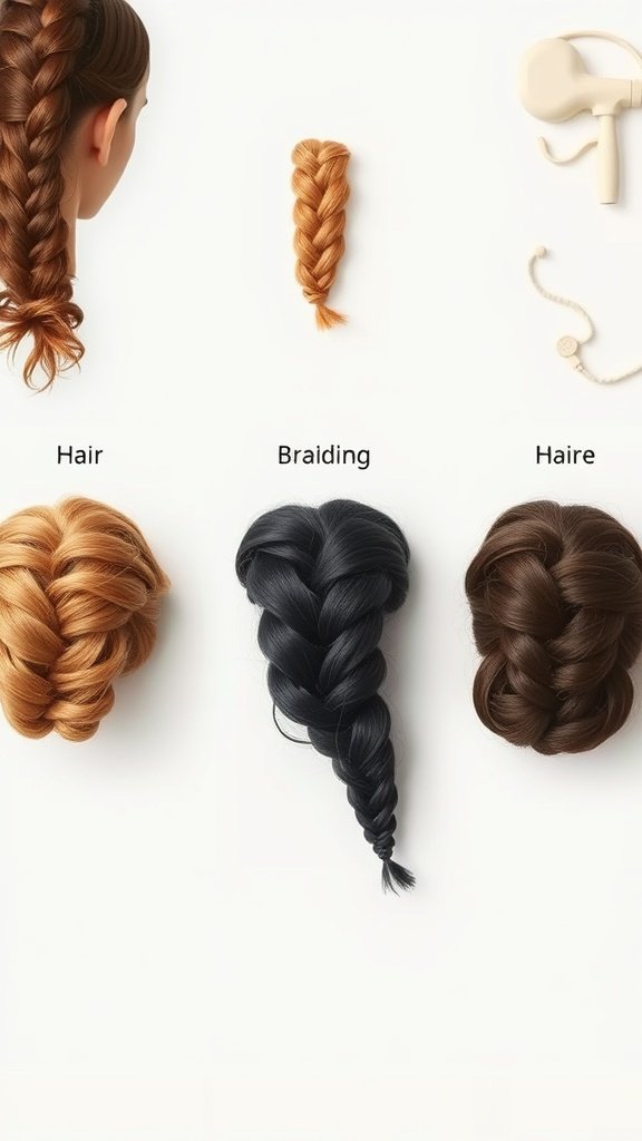 Different hair textures and braiding styles displayed, including blonde and dark braids.