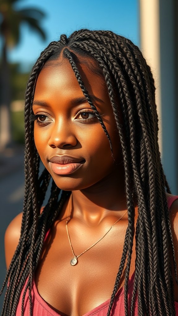 A close-up of a woman with short knotless box braids, showcasing the style's neatness and shine.