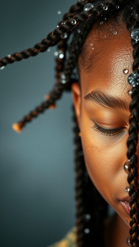 Close-up of a person with knotless braids, showing water droplets on the hair.