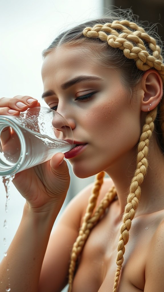 A person with blonde knotless braids drinking water, emphasizing the importance of hydration for hair health.
