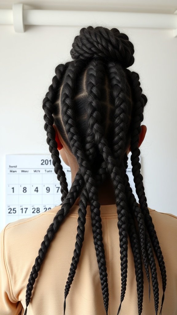 A person with medium knotless box braids styled in a bun, showcasing neat and elegant braids.