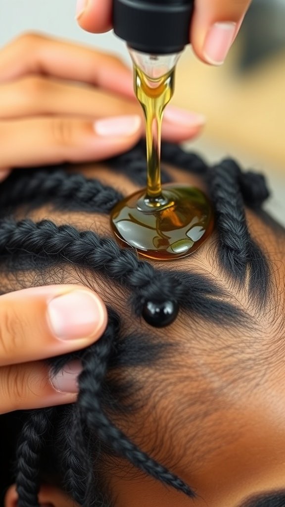 A close-up of a person applying oil to a braided scalp, highlighting the importance of scalp care for healthy hair.