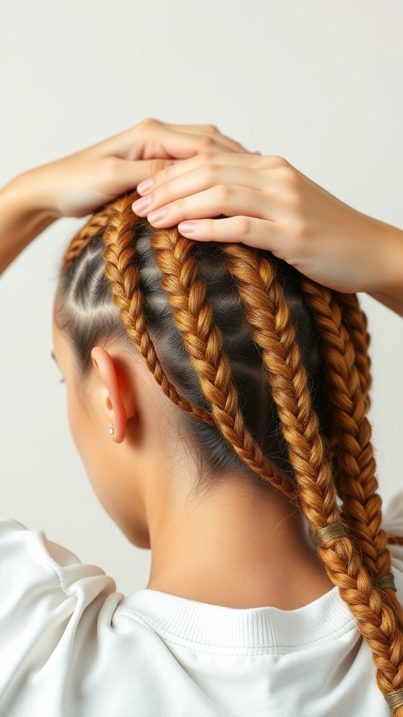 A close-up view of a person with honey blonde knotless braids, showing the intricacy of the braids and the care taken in styling.