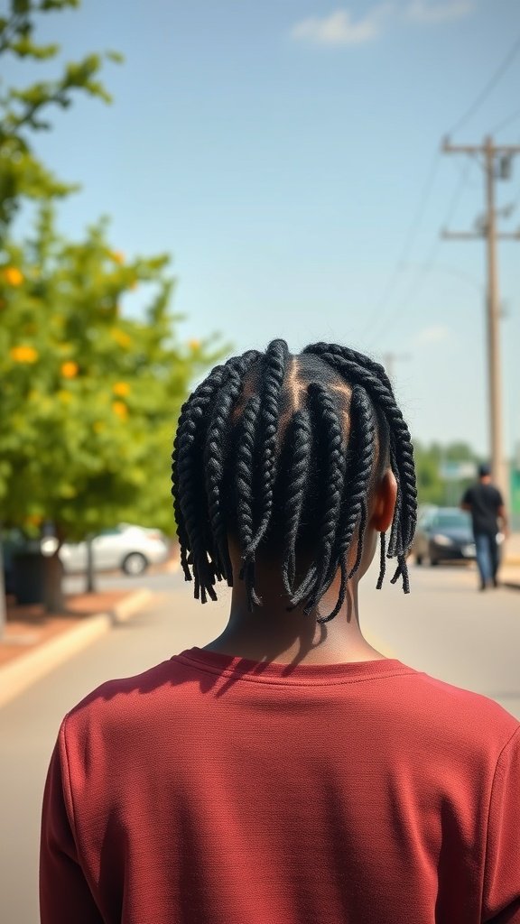 A person with short knotless box braids, viewed from the back, standing on a street with trees and cars in the background.