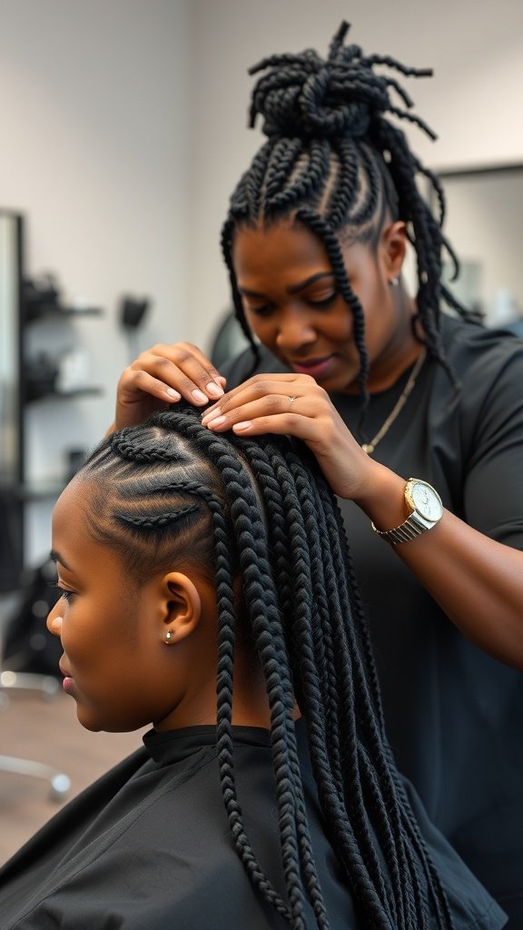 A stylist installing XS knotless braids on a client in a salon.