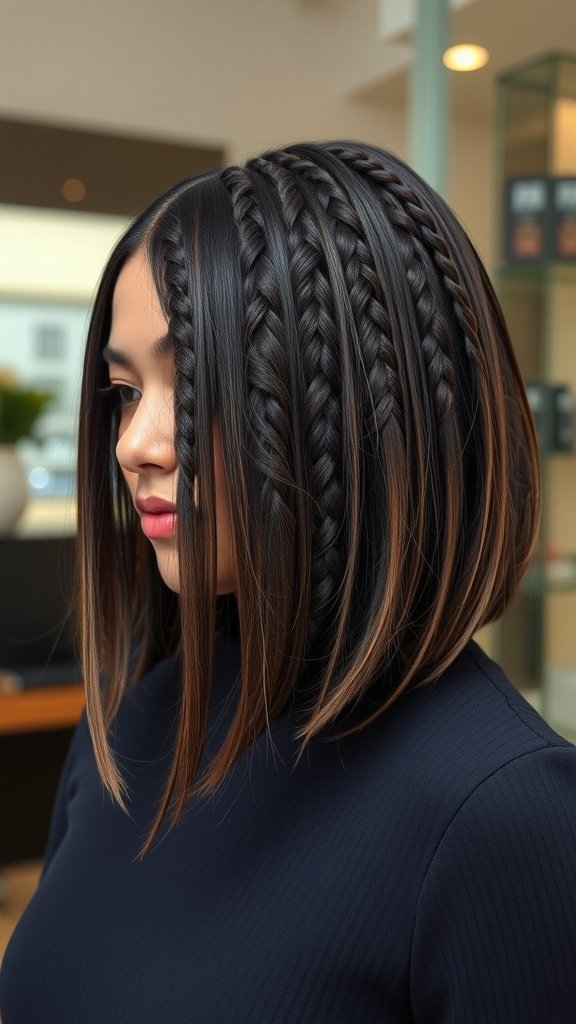 A woman with a stylish bob featuring boho knotless braids, showcasing a modern and chic hairstyle.