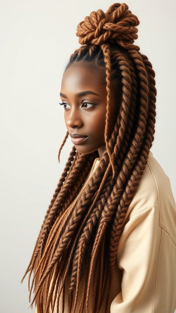 A woman with honey brown knotless braids styled in a bun, showcasing the intricate design and color.