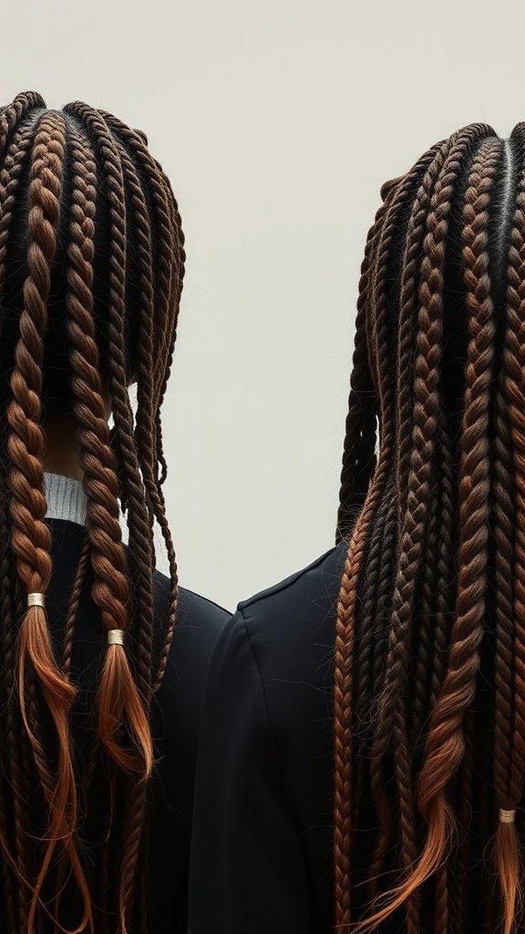 Two individuals with medium boho knotless braids, showcasing a blend of dark and light brown tones.
