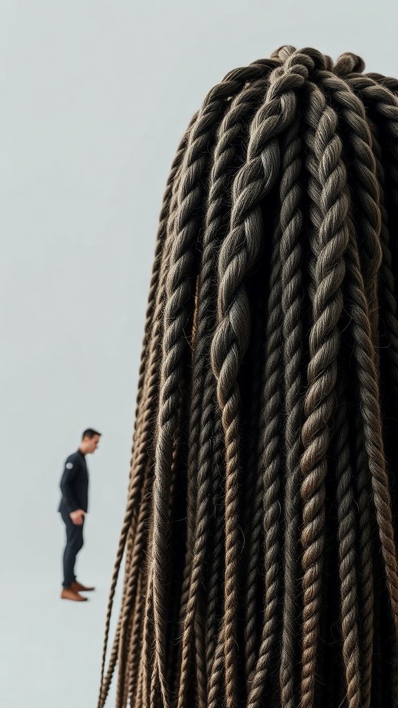 A close-up of large boho knotless braids with a person in the background.
