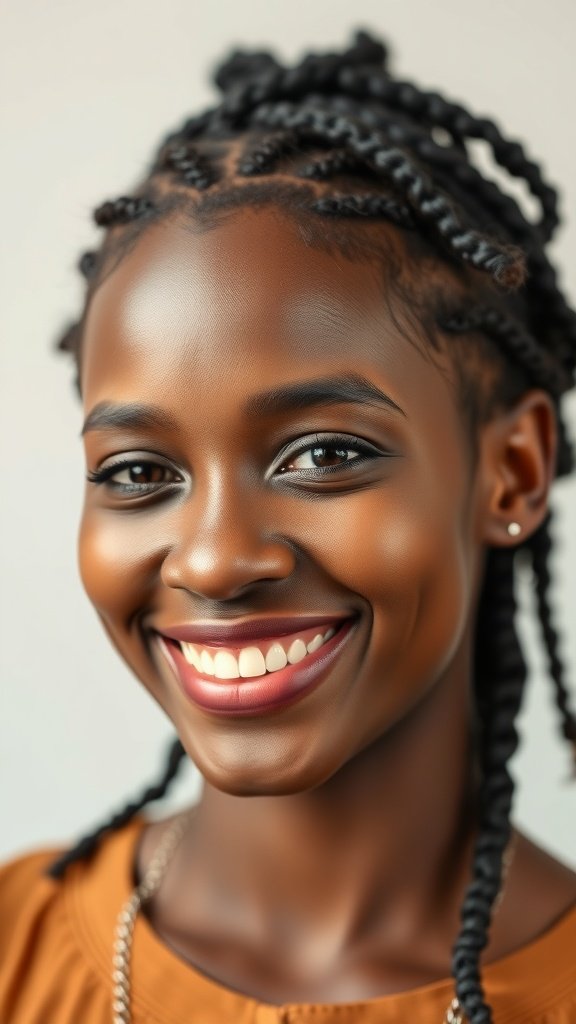 A smiling person with medium knotless box braids, showcasing a confident and joyful expression.