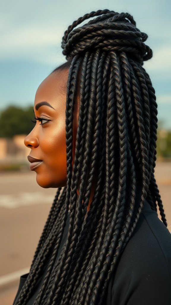A woman with medium knotless box braids styled elegantly, showcasing the beauty and versatility of braided hairstyles.