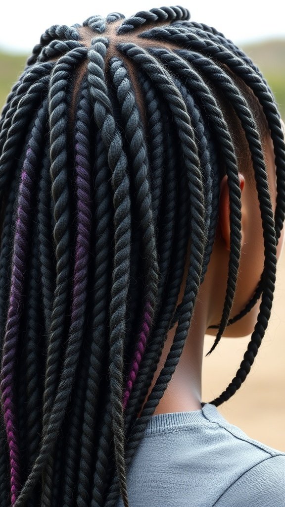 A close-up view of a person with beautiful twisted hair styled in knotless box braids.
