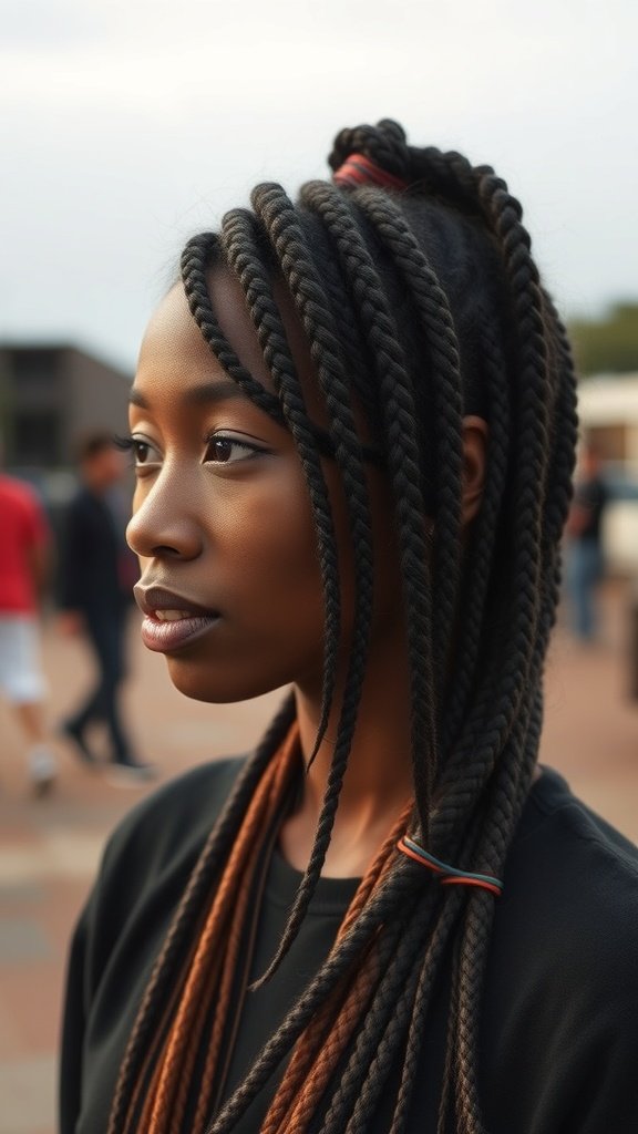 A woman with medium knotless braids, showcasing a stylish and elegant hairstyle.