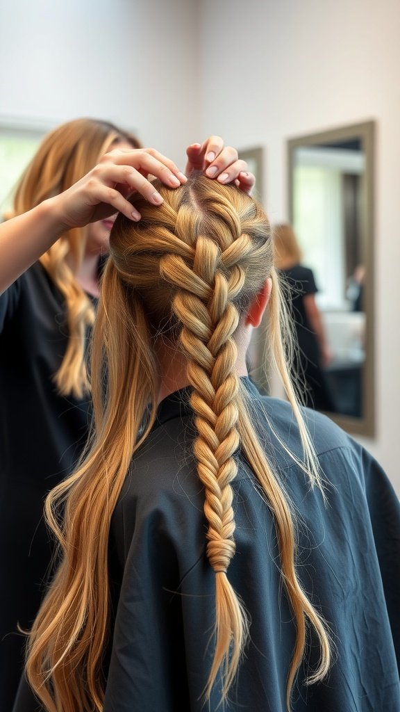 A stylist working on honey blonde knotless braids in a salon setting.