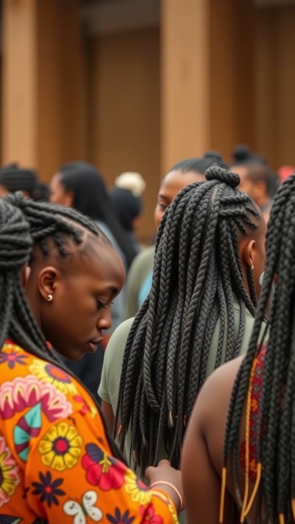 A group of individuals with various styles of jumbo boho knotless braids, showcasing the community aspect of braiding.