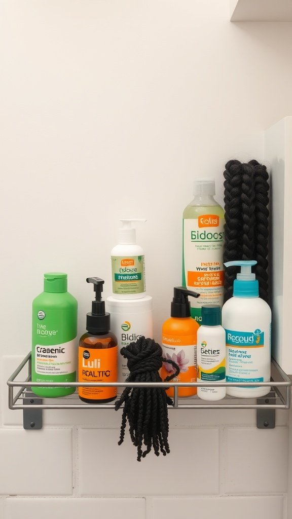 A shelf displaying various hair care products for maintaining braids.